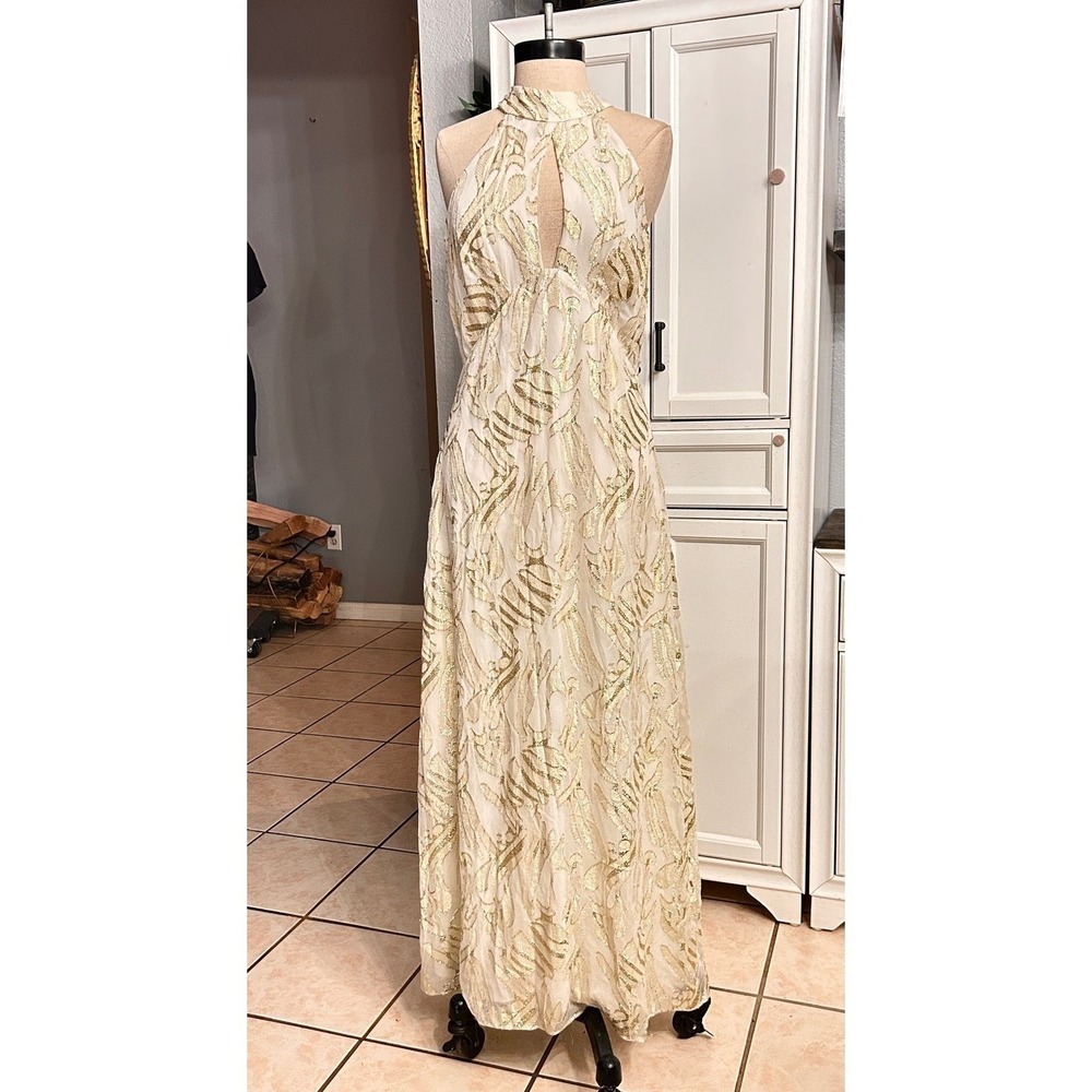 Gold Formal Gown Art Deco Size 10  Maxi Halter Style Glam Old Hollywood Party